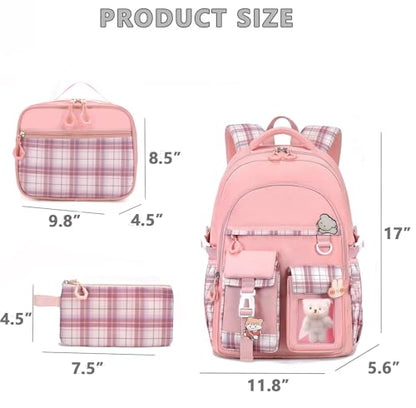 Girls Backpack with Lunch Box Cute School Backpack for Girls Kids Teens Kawaii Bookbag Set for Primary Elementary，Pink - color: Pink
