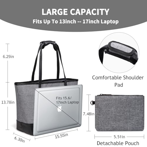 VASCHY Laptop Bag for Women, 15.6-17 Inch Lightweight Water Resistant Travel, Work,Teacher Tote Bag w Luggage Strap - color: Gray