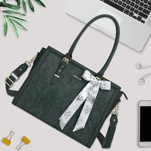 MOSISO Laptop Bag for Women, 15.6-16 inch PU Leather Tote Bag Compatible with MacBook, HP, Dell, Asus Notebook, Front Embossed Retro Hibiscus Computer Bags with Silk Scarf&Clutch Purse, Emerald Green - color: Emerald Green, size: 16 inch