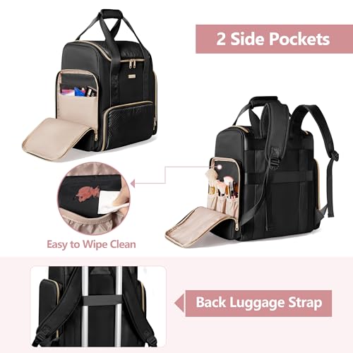 Large Makeup Backpack with 3 Clear Makeup Bags, Double Layers Professional Makeup Travel Case with Brushes Storage Section for Makeup Artists - color: Black