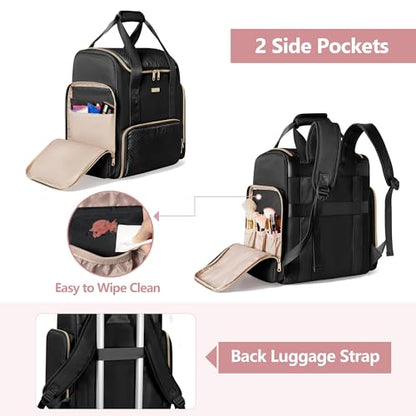 Large Makeup Backpack with 3 Clear Makeup Bags, Double Layers Professional Makeup Travel Case with Brushes Storage Section for Makeup Artists - color: Black