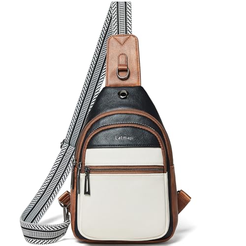 LATMAP 7L Sling Bag For Women Faux Leather Anti Theft Small Casual Daypack Backpack Fanny Pack Crossbody Chest Bags Purse Waterproof - color: 7l-black & Beige W/ Brown Trim