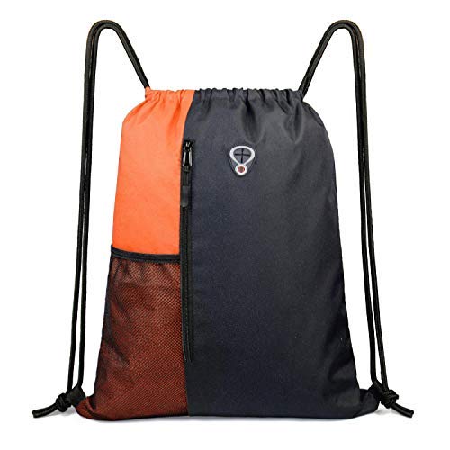 BeeGreen Oranage Drawstring Backpack Bag With Water Bottle Pocket &Front Zippered Pocket Sport Gym String Backpack Sackpack For Men Women - color: Black/Oranage, style: Drawstring With Mesh Pocket