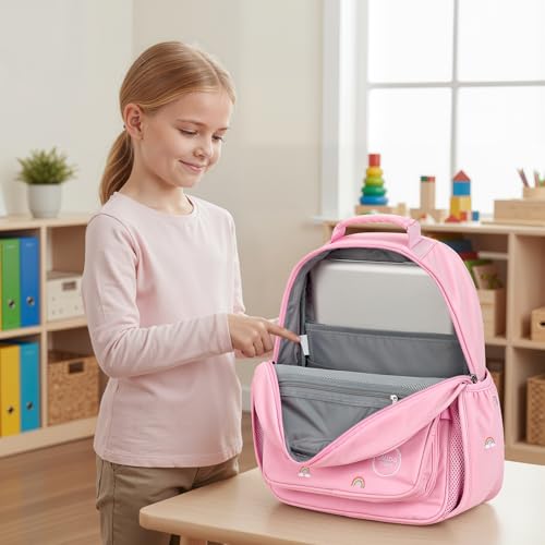 mibasies Girls Backpacks Ages 5-8: Quilted Backpack for Kids - Cute 15 Inches Bookbag for Kindergarten Elementary School Rainbow Pink - color: Rainbow Pink, style: Kids-15"h