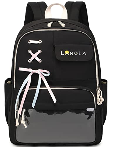 Lanola Teen Girl School Backpack Casual Daypack Bookbag Elementary College Travel Backpack with Cute Ribbon for Girls - color: Black