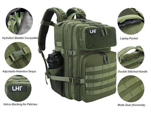 LHI Military Tactical Backpack for Men and Women 45L Army 3 Days Assault Pack Bag Large Rucksack with Molle System - Green - color: 3.2 Green