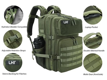 LHI Military Tactical Backpack for Men and Women 45L Army 3 Days Assault Pack Bag Large Rucksack with Molle System - Green - color: 3.2 Green