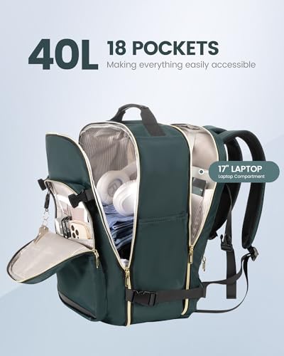 LOVEVOOK 40L Travel Backpack Flight Approved Carry on Backpack,3 Packing Cubes,Waterproof Personal Item Travel Bag,TSA Carry on Luggage Suitcase Travel Essentials,Gifts for Women & Men,fits 17" Laptop - color: Dark Green-black-2, size: Large-40L-4Pcs