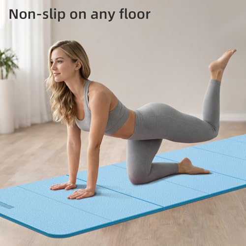 Folding Yoga Mat Extra Thick 0.4 Inch, Foldable Yoga Mat 75 x 26 Inches, TPE Exercise Mat, 7-Panel Non Slip Cushioned Fitness Mat for Yoga, Pilates, Stretching, Home Workout - color: Blue