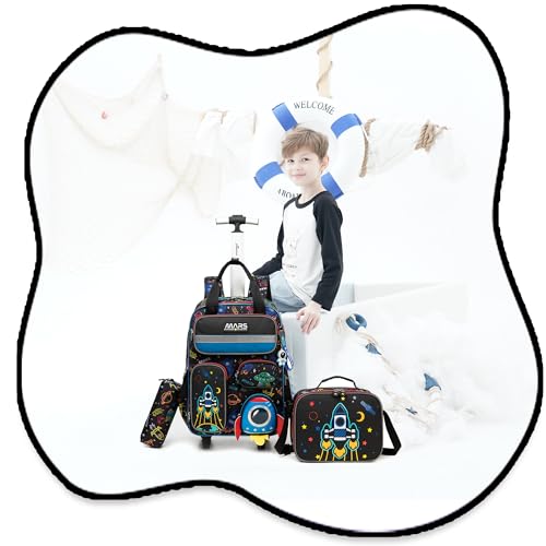 Kids Rolling Backpack with Wheels for Elementary Students 16inch 3 in 1 Boys Travel Luggage Carry on Backpack for Boys Ages 6-8 8-12 - color: B Black