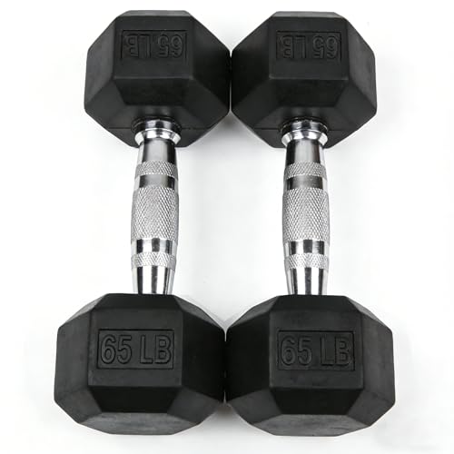 Dumbbells Set Rubber Hex Weights for Home Gym Durable Construction Convenient Storage Space Saving Design Complete Weight Set Barbell Coated for Exercise Training - style: 65 lb pair