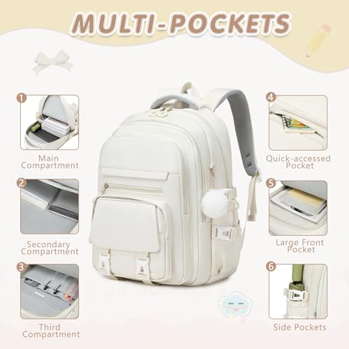 GeeWin Girls Backpack, 15.6" Laptop Backpack Schoolbag for Girls Teens Kid Children Elementary Middle School Student, Waterproof Stylish Girl Bookbag with Insulated Lunch Bag & Pencil Bag (Beige) - color: Beige Buckle