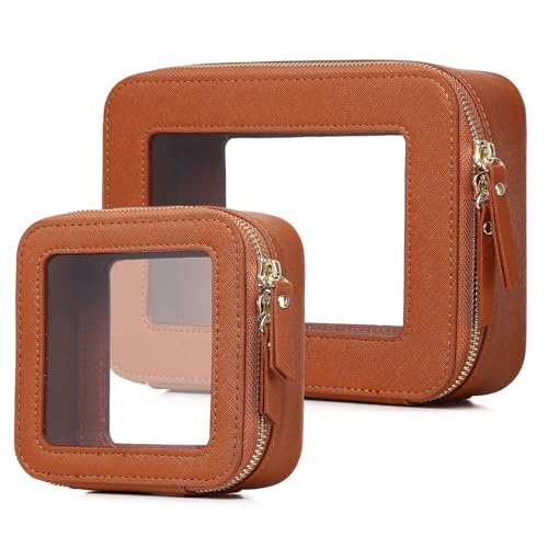 Clear Makeup Bag Set Travel Cosmetic Bag and Toiletry Bag Women's Purse Pouch Cosmetic Stroage Organizer Case with Zipper Car Essentials (Brown, M+Mini) - color: Brown, size: M+Mini