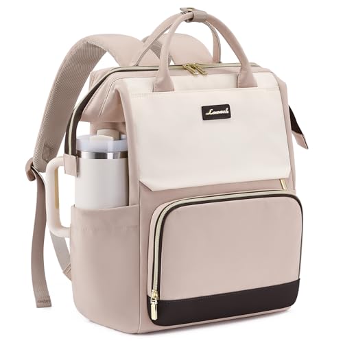 LOVEVOOK Laptop Backpack for Women with Giant Tumbler Holder Pocket, 15.6 inch Travel Work Bag Purse for Nurse Teacher, Waterproof Casual Daypack for College Business - color: Beige, size: 15.6 inch