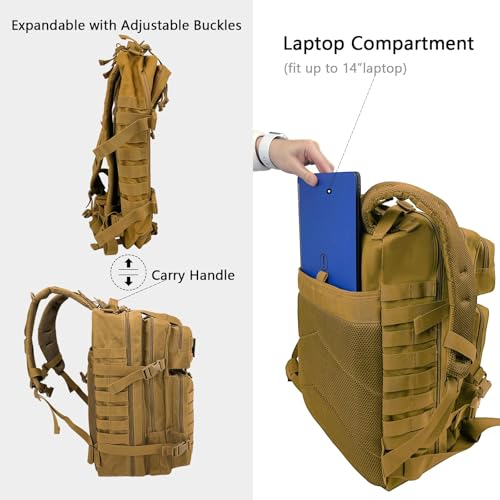 WOLT Military Tactical Backpack for Men 45L Molle Backpack 3 Day Assault Pack Bug Out Bag, Heavy Duty Rucksack for Hiking Gym(Khaki) - color: Khaki