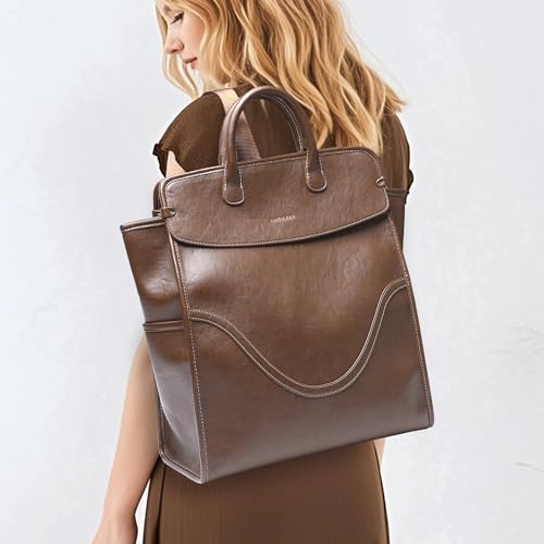 Retro Brown Leather Square Flap School Commuter Backpack Handbag for Women
