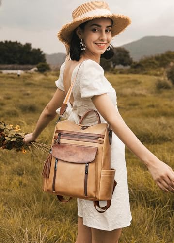 Shrrie Backpack Purse for Women Fashion Leather Backpack Purse Designer Travel Backpack Convertible Shoulder Bag with Wristlet - color: 2-6 Camel With Brown
