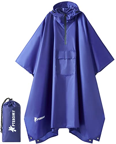 PTEROMY 3-in-1 Hooded Rain Poncho for Adult with Pocket, Waterproof Lightweight Unisex Raincoat for Hiking Camping Emergency - color: Blue 1/4 Zipper