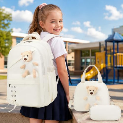 ACESAK School Backpack for Girls - 3 PCS Cute Girls Backpack with Lunch Box & Pencil Case - Kawaii Casual Kids Bookbag School Bag Daypacks Set for Elementary Middle High School Student Teens (Beige) - color: Beige