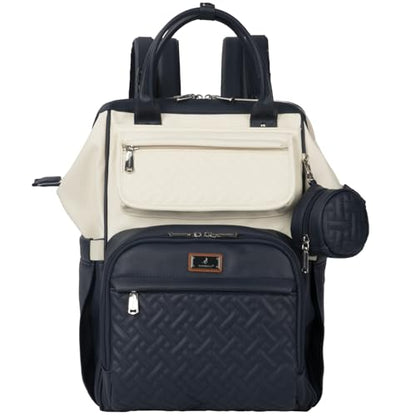 BabbleRoo Leather Diaper Bag Backpack, Multifunction Large Bags with Changing Pad & Stroller Straps Pacifier Case, Unisex Stylish Travel Back Pack Nappy for Moms Dads (Blueberry Cream) - color: Vegan Leather, Blueberry Cream