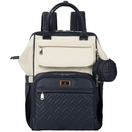 BabbleRoo Leather Diaper Bag Backpack, Multifunction Large Bags with Changing Pad & Stroller Straps Pacifier Case, Unisex Stylish Travel Back Pack Nappy for Moms Dads (Blueberry Cream) - color: Vegan Leather, Blueberry Cream