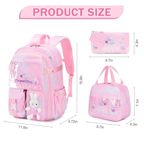 FIXITOK Girls Backpack Set, 3PCS Kids Backpack for Girls, Kawaii Bunny School Backpacks for Girl Kindergarten Elementary Preschool Middle School Bags with Lunch Box Pencil Case Dreamy-Pink - color: Dreamy-pink
