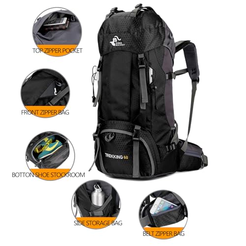 Bseash 60L Waterproof Hiking Camping Backpack with Rain Cover, Large Outdoor Sport Travel Daypack Rucksack for Climbing - color: Black