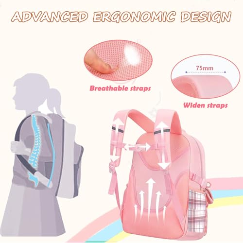 Girls Backpack with Lunch Box Cute School Backpack for Girls Kids Teens Kawaii Bookbag Set for Primary Elementary，Pink - color: Pink
