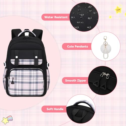 MUSEVOS Girls Backpack with Lunch Bag, Elementary Middle School Backpack, Large Capacity Kids Bookbag 3 Pcs Set - color: Blackpink-3pcs-set