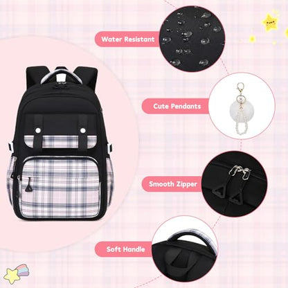 MUSEVOS Girls Backpack with Lunch Bag, Elementary Middle School Backpack, Large Capacity Kids Bookbag 3 Pcs Set - color: Blackpink-3pcs-set