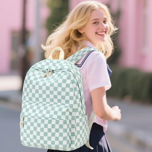 Bluboon School Backpack Set Girls Womens Laptop Bookbag Casual Daypack Fits 15 inch Laptop with Lunch Tote Bag and Pencil Bag - color: Mint Green White Checkered