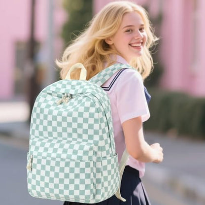 Bluboon School Backpack Set Girls Womens Laptop Bookbag Casual Daypack Fits 15 inch Laptop with Lunch Tote Bag and Pencil Bag - color: Mint Green White Checkered
