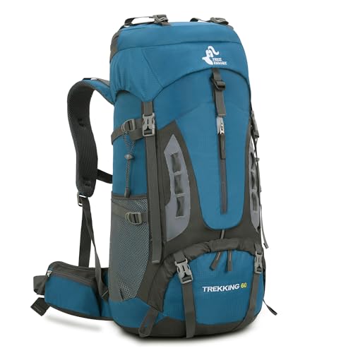 Bseash 60L Hiking Camping Backpack with Rain Cover, Waterproof Large Capacity Outdoor Sport Travel Daypack Climbing Touring (Blue Green) - color: Blue Green