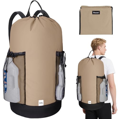BALEINE 120L Laundry Bag Backpack, 900D Oxford Fabric Large Travel Laundry Bags with Shoulder Straps and 2 Mesh Pockets for College Dorm, Apartment, Laundromat (Khaki, 120L) - color: Khaki, size: 120L