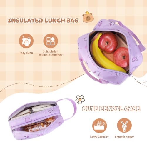 Capybara Theme Backpack for School Girls, 35PCS Kids Backpack Set with School Supplies Stationery Kit Lunch Box Pencil Case, Cute Girls Bookbag for Kindergarten Elementary Student - color: Purple