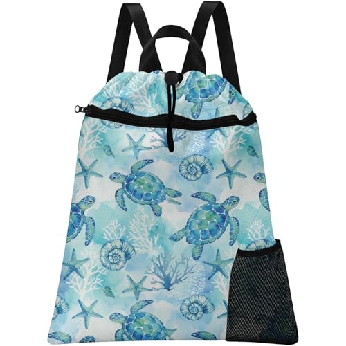 Sea Turtle Drawstring Backpack, 15” x 17” Waterproof Swim Bag for Beach Swimming Pool, Lightweight Foldable Gym Bag with Water Bottle Holder for Sports Travel - color: Sea Turtle
