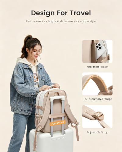 LOVEVOOK Laptop Backpack for Women Teens,College School Backpack with Tumbler Holder,15.6" Computer Bag,14 Pockets,Waterproof - color: Khaki/Cream, size: 15.6inch