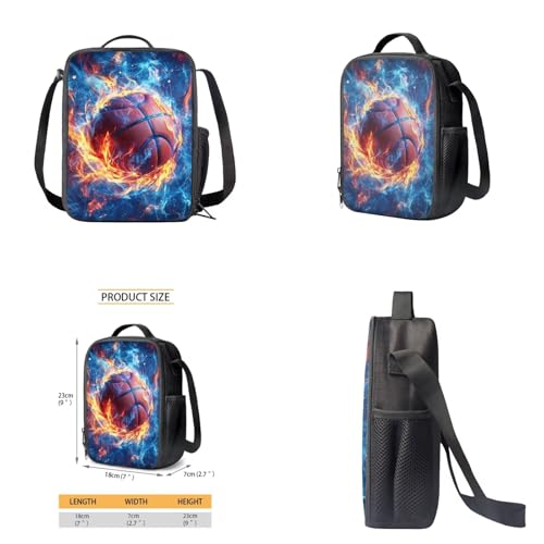 Fire Basketball Backpack for School Boys Backpack with Lunch Box Water Bottle Holder and Big Pencil Case 4PCS Bookbag with Front Pocket 17 inch Lightweight School Bag with Side Pocket for Kids - color: Fire Basketball-4