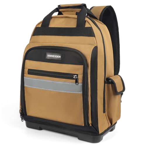Tool Bag Backpack, Heavy Duty Tool Backpack Bag with Waterproof Molded Base, Electrician Work Pack for Hand Tools, Multi Pockets Tool Storage Organizer for Contractor, Plumbers, HVAC Techs - color: Khaki