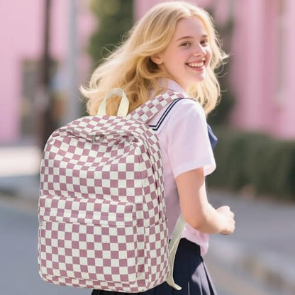 Bluboon School Backpack Set Girls Womens Laptop Bookbag Casual Daypack Fits 15 inch Laptop with Lunch Tote Bag and Pencil Bag - color: Grapes Purple White Checkered