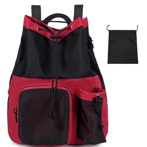 Lohol Large Mesh Drawstring Backpack with Shoe Bag, Durable Swimming String Sack with Handle for Sports Gym Yoga Beach Travel - color: Red