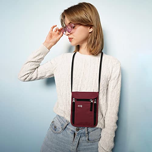 Travel Pouch Neck Wallet Family Passport Holder Organizer Case with RFID Blocking | Family Passport Holder - color: Wine Red