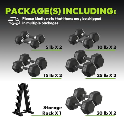 HANDBODE Hex Dumbbell Sets with Rack, 100-165 lb Rubber Encased Dumbbells for Strength Training, Exercise & Fitness, Home Gym Weight Set with Rack - style: 170 lb (5, 10, 15, 25, 30 lb) X 2 & Rack