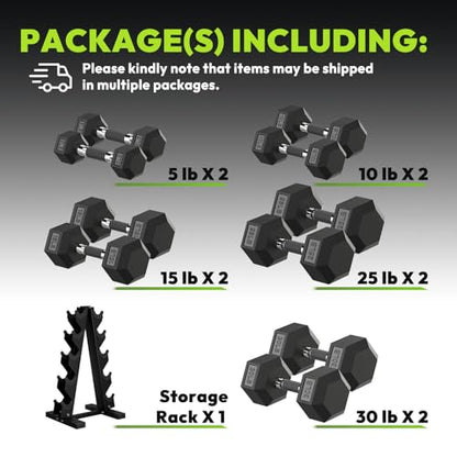 HANDBODE Hex Dumbbell Sets with Rack, 100-165 lb Rubber Encased Dumbbells for Strength Training, Exercise & Fitness, Home Gym Weight Set with Rack - style: 170 lb (5, 10, 15, 25, 30 lb) X 2 & Rack
