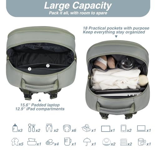 MOMUVO Diaper Bag Backpack, Quilted Baby Bag with Changing Pad & Stroller Straps & Pacifier Case, Multifunction Waterproof Travel Diaper Bags, Unisex, Olive Green - color: Olive Green