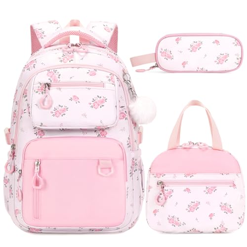 Bevalsa Backpack for Girls 3PCS Teen Girls Pink Backpack for School with Lunch Bag Pencil Case Cute Kids Laptop Backpacks Bookbag for Elementary Middle High School College Student (Floral) - color: Pink Flower