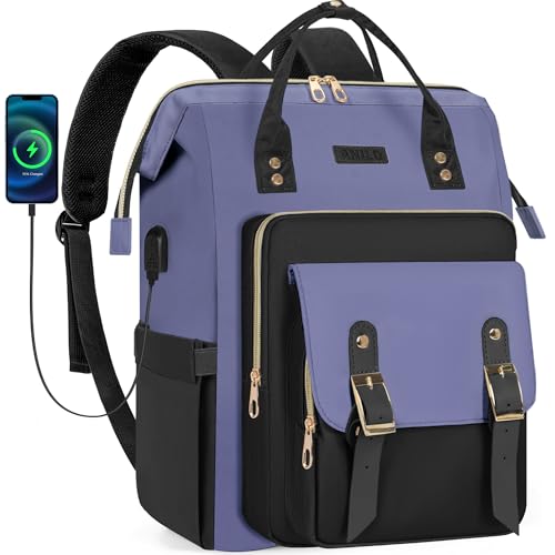 ANILD Travel Laptop Backpack for Women Bag, 15.6 Inch Work Backpack with USB Charging and Port Luggage Strap, Airline Approved Business Work Bag for Nurse College Teacher - color: Black-purple