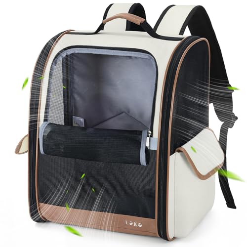 Lekereise Cat Backpack Carriers, Dog Carrier Backpacks with Breathable Mesh for Small Medium Cats Dogs Puppy Up to 18 Lbs, Pet Foldable Carrying Backpack Ventilated for Travel Hiking Collapsible - color: Beige, size: 12.99"L x 10.63"W x 15.75"H