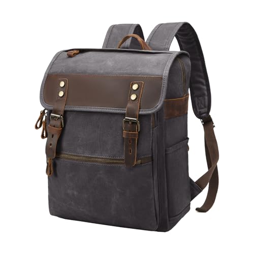 Waxed Canvas Vintage Backpack for Men Women, Dark Grey | Casual, Genuine Leather, Laptop Travel Rucksack - color: Dark Grey