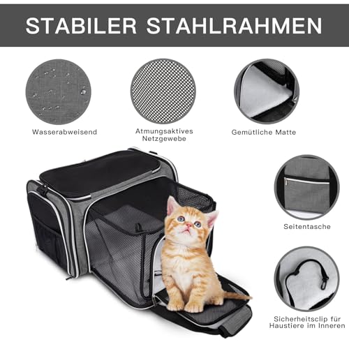 BAGLHER Cat Carrier Bag,Airline Approved Pet Carrier Soft Side Pet Travel 5 Sides Open Doors 3 Sides Expandable Foldable Dog Carrier with Fleece Pad - color: Grey, size: 17.5"L x 12.0"W x 11.5"H